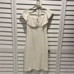 Zara NWT Cream Off-Shoulder Waffle texture fabric Dress.